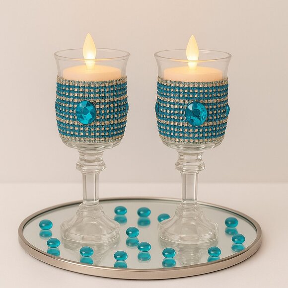 Handmade Crystal Candle Holders – Teal & Silver Jeweled Design (Set of 2) - Picture 1 of 2